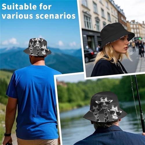 Amasnay Funny Bucket Hat Cotton Double-Side-Wear Reversible Sun Hat for Women Men, Summer Vacation Travel Beach Fisherman Hat - color: Black White Giraffe