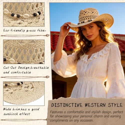 Straw Cowboy Hat for Women, Cowgirl Hat Wide Brim Western Cowboy Hat - color: Style2