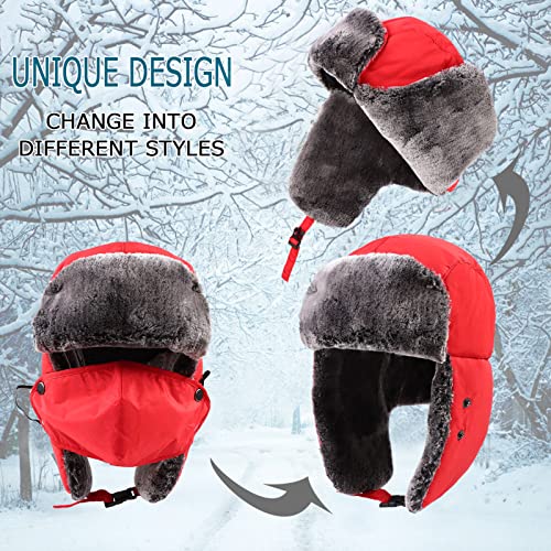 Winter Boy Trapper Trooper Hat Outdoor Warm Girls Ski Cap Windproof Mask Ear Flaps Hats for Kids - color: Red-adult, size: One Size