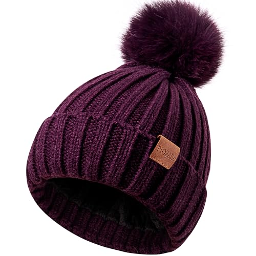 Womens Winter Beanie Hat Fleece Lined Warm Skull Cap with Faux Fur Pom Cuff Knitted Hat for Women - color: Purple