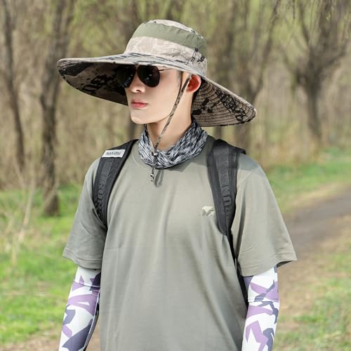 Wide Brim Sun Hat for Men Women UV Protection Bucket Fishing Hats - color: Khaki Ink Wash