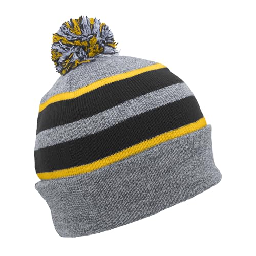 Pacific Headwear Unisex Adult Pacific Headwear Knit Fold Over Pom-pom Beanie - color: Heather/Black/Gold, size: One Size