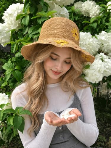 Natural Raffia Straw Bucket Hat for Women Sun Beach Handmade Raffia Woven Bucket Hat Foldable Summer Cap - color: Natural (sunflower)