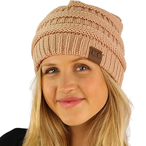 CC Classic Winter Fall Trendy Chunky Stretchy Cable Knit Beanie Hat - color: Solid Sand