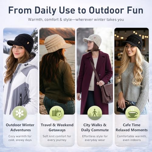 TOP-EX DryKnit Waterproof Visor Beanie for Women, Fleece Lined Winter Hat - color: Beige