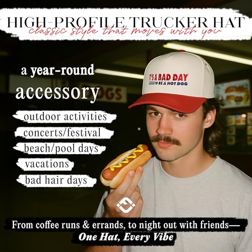 Funky Junque Adult Trucker Snapback Hat 2-Tone Baseball Cap - color: It's a Bad Day to Be a Hot Dog - Red/Beige