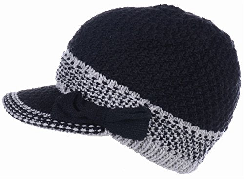 BYOS Womens Winter Chic Cable Warm Fleece Lined Crochet Knit Hat W/Visor Newsboy Cabbie Cap - color: Black Bow