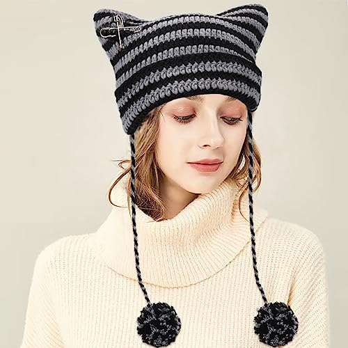 XYIYI Crochet Hats for Women Fox Knit Hat with Pompoms Grunge Goth Accessories Slouchy Beanies for Women Girls - color: Black Grey