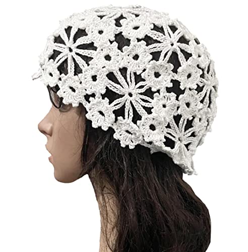 Women Lace Crochet Beanie Hat Handmade Knitted Cutout Floral Skull Cap - color: White