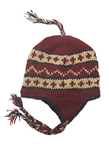 Wool Hand Knit Unisex Fleece Lined Ear Flap Beanie Sherpa Cap Hat Nepal - color: Maroon