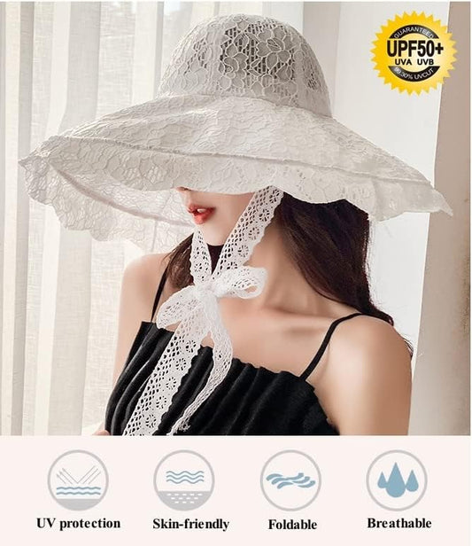 Women Lace Sun Hat Wide Brim Floral Bowler Bucket Hat Foldable Floppy Beach Cap Fisherman Hats Tea Party Wedding Church Hats - color: White