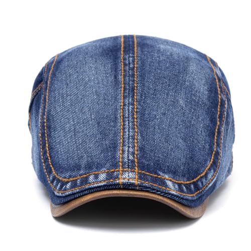 QHFHULV Newsboy Cap for Men Cotton Flat Gatsby Ivy Golf Cabbie Driving Hat - color: Denim Navy