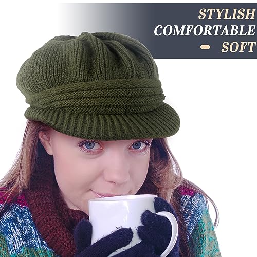 Mepase 3 Pieces Women Warm Hat for Winter Slouchy Beanie Cap with Visor Knitted Newsboy Hats for Women Ski Snow - color: Black, Dark Gray, Army Green