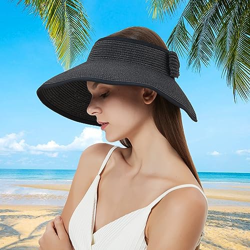 MAYLISACC Foldable Straw Sun Visors for Women, Sun Protecetion Wide Brim Sun Hats Adjustable Topless Beach Hat - color: Blcak+leopard Trim