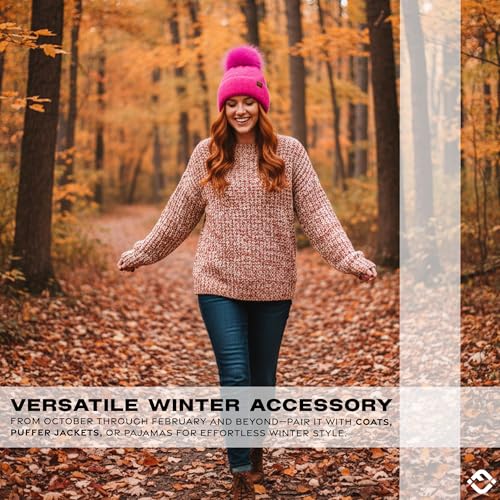 Funky Junque Beanie for Women Ultra Soft Chenille Faux Fur Pom Pom Winter Hats Warm Ski Cap Fashion - color: Hot Pink