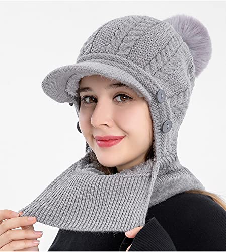 HUAMULAN Women Cable Knit Balaclavas Winter Fleece Lined Beanie Hat - color: Grey With Pompom