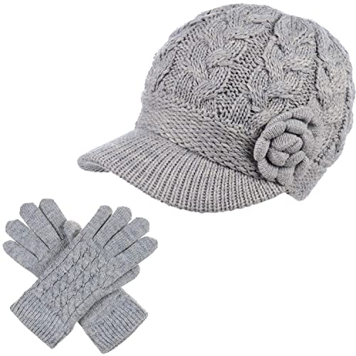 Womens Winter Elegant Cable Flower Knitted Newsboy Cabbie Cap Beret Beanie Hat with Visor, Warm Plush Fleece Lined - color: Lt. Gray Cable Flower-hat Gloves Set