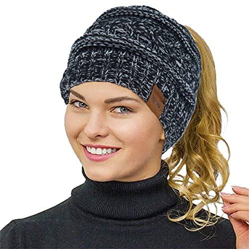 Rosoz 2 Pack Ponytail Beanie for Women,Winter Warm Beanie Tail Soft Stretch Cable Knit Messy High Bun Hat - color: 1pack-black&white Mix