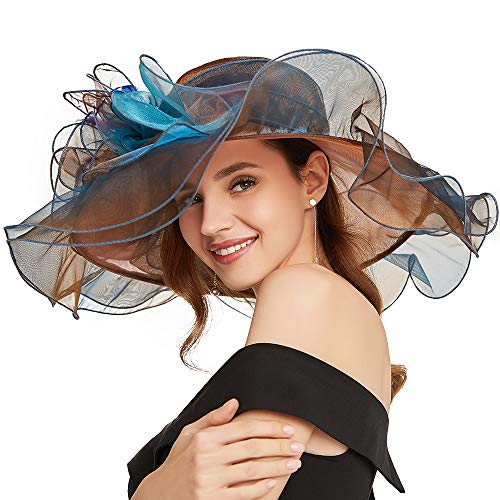 Women Oganza Sun Hat Church Wide Brim Wedding Formal Fascinator Hat - color: Blue & Coffee