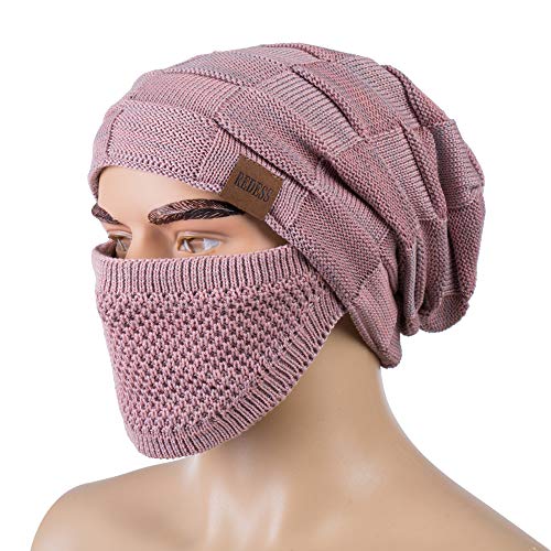 REDESS Beanie Hat for Men and Women Winter Warm Hats Knit Slouchy Thick Skull Cap with Face Cover - color: D8 Pink