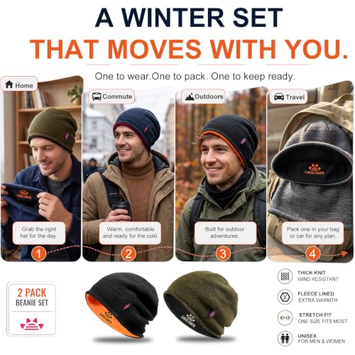 2 Pack Fleece Lined Beanie Hat Reversible Knit Skull Cap for Men Women - color: Black+khaki