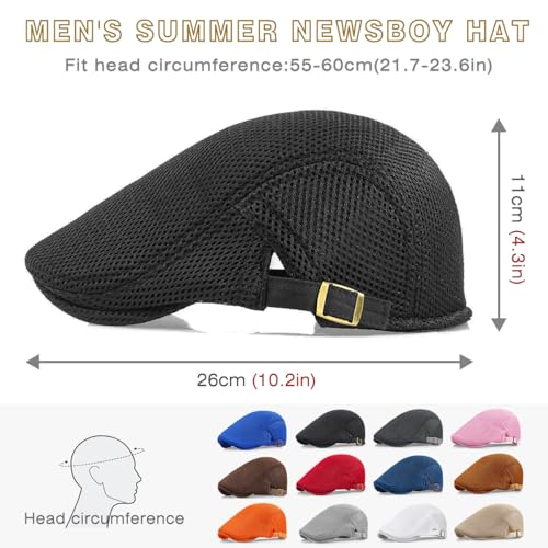 2 Pack Men's Mesh Cap Breathable Summer Newsboy Hat Adjustable Beret Ivy Cap Irish Cabbie Driving Hunting Hats - color: Black/Black