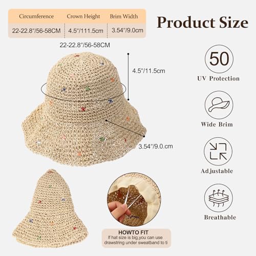 Womens Beach Straw Hats Floppy Wide Brim Crotchet Sun Hat Foldable Packable Summer Outdoor Vacation Travel - color: Beige 3