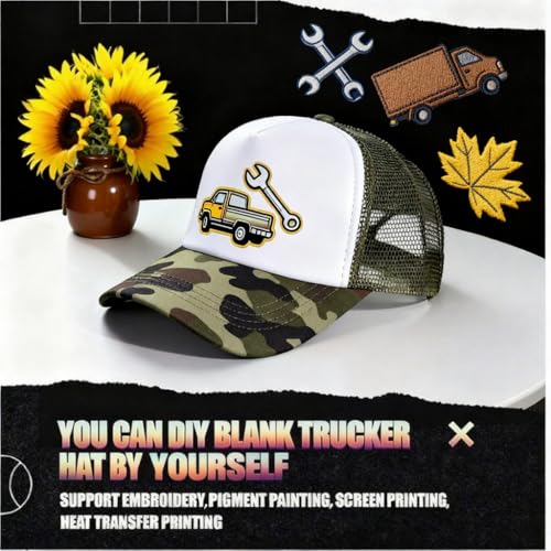 12 Pcs Sublimation Blank Trucker Hats Bulk Mesh Snapback Baseball Cap Mesh Trucker Caps for Men and Women DIY Custom Hats - color: Camo White