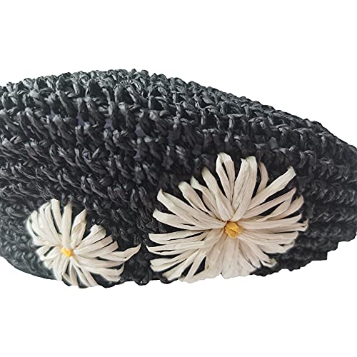 Straw Beret Summer French Beret Hats for Women Artist Crochet Beret - color: Black Flower