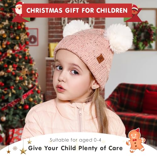 FZ FANTASTIC ZONE Toddler Kids Winter Hat Beanie Pompom Warm Fleece Baby Hats 0-6 12 Months 1 2 3 4 Year Old Girls Boys Gifts - color: Pink