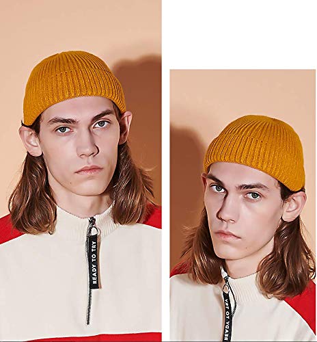 50% Wool Knit Short Fisherman Beanie for Men Women Warm Winter Hat - color: #Yellow