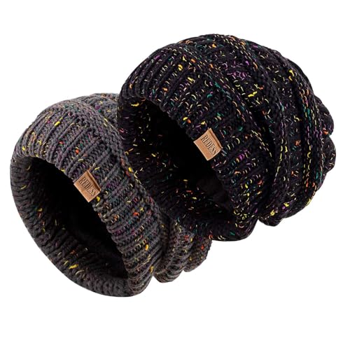 REDESS Slouchy Beanie Hat for Men and Women Winter Warm Knit Hat Chunky Soft Oversized Cable Cap - color: Dot Black+dot Dark Grey