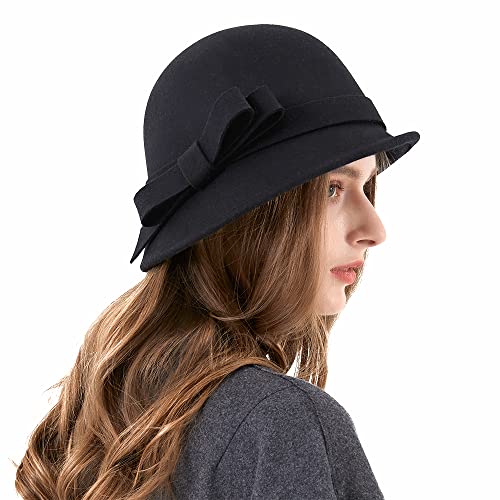 Ladies Wool Felt Bucket Hat Women Vintage Cloche Fedora Winter Church Bowler Hat with Bow - color: Black