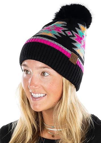 Funky Junque Women’s Pom Pom Beanie – Soft Knit Winter Hats for Women & Teens, Warm Fashionable Beanie with Faux Fur Poms - color: Black Multi - Southwest Pattern