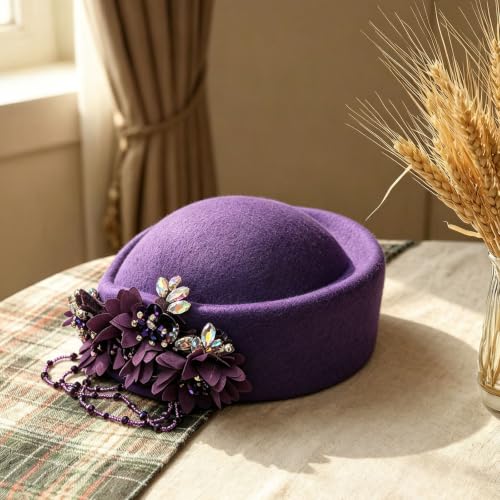 Women's Retro British Felt Headscarf Hat Church Derby Headdress with Floral Women's Soft Beret - color: 02 Deep Eggplant Purple