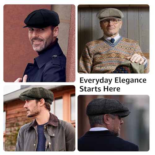 Mens Newsboy Cap High Woolen Tweed Gatsby Hat Ivy Cabbie Flat Golf Cap for Fathers Women Unisex - color: Herringbone Khaki, size: 7 1/8-7 1/4