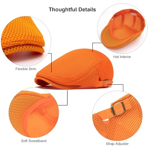 Mens Mesh Cap Flat Ivy Gatsby Newsboy Beret Driving Hat Adjustable Breathable Summer Hats - color: Orange