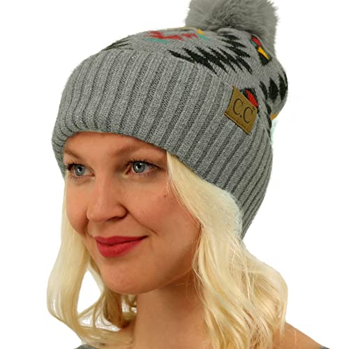 C.C Fur Pom Winter Fall Trendy Chunky Stretchy Cable Knit Beanie Hat - color: Aztec Lt. Gray