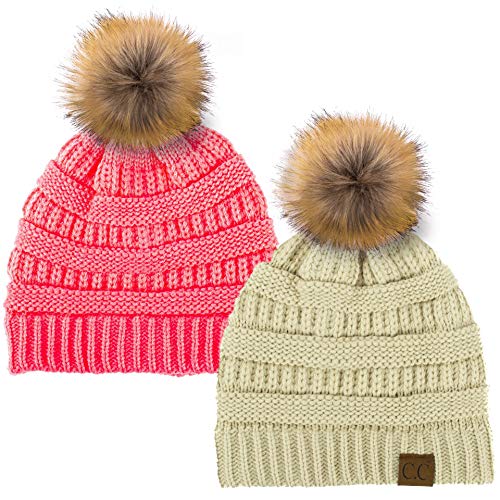 C.C Hat-43 Thick Warm Cap Hat Skully Faux Fur Pom Pom Cable Knit Beanie 2 Pack - color: Beige/Candy Pink