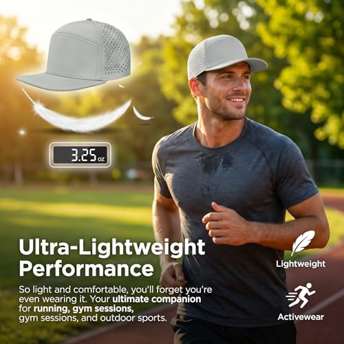 Men Flat Brim Adjustable Performance Hat, Mesh Snapback Laser Perforated Baseball Cap for All-Day Comfort - color: 4017# Light Grey