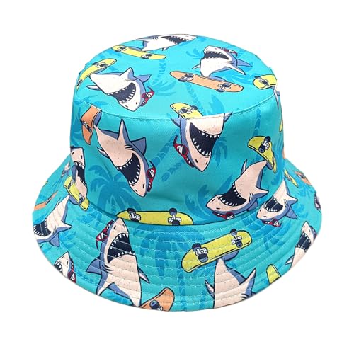 Printed Bucket Hat - Reversible Packable Summer Travel Beach Sun Cap for Men Women Teens - color: Blue Skater Shark