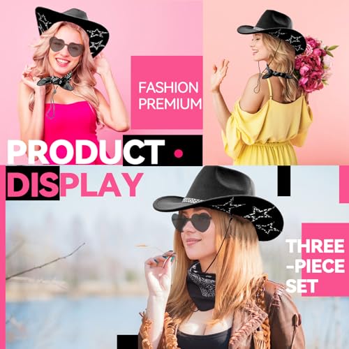 SHENYI Cowgirl Hat and Bandana and Heart Sunglasses Glitter Rhinestone Star Cowboy Hat Western Sparkly Hats for Women Men - color: Black