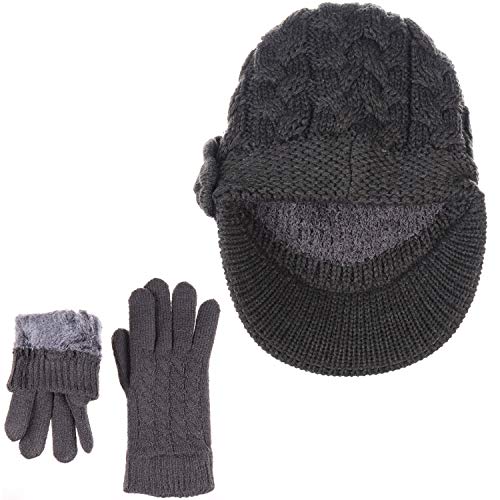 Womens Winter Elegant Cable Flower Knitted Newsboy Cabbie Cap Beret Beanie Hat with Visor, Warm Plush Fleece Lined - color: Charcoal Cable Flower-hat Gloves Set