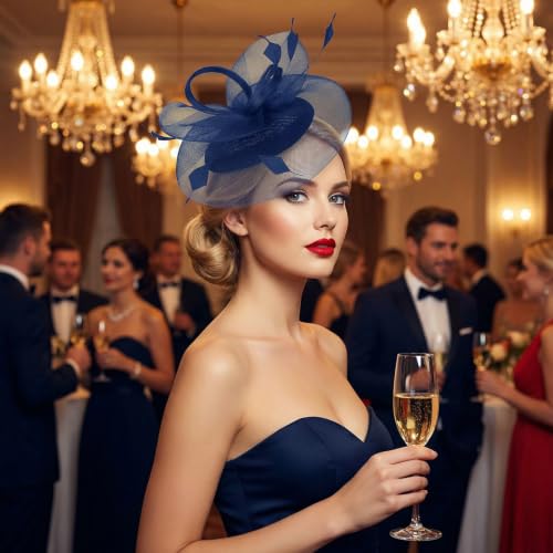 tiggell Fascinators Tea Party Hat for Women, Fascinator with Pillbox Hat - color: Navy Blue