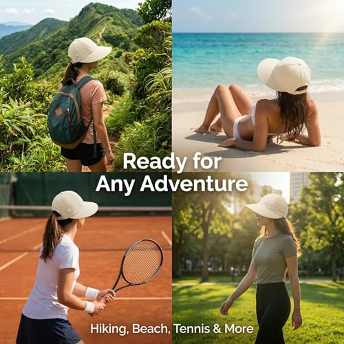 Women's Ponytail Wide Brim Sun Hat UPF 50+, Adjustable Ultralight Travel Hiking Beach Cap with for Outdoor Gardening - color: White