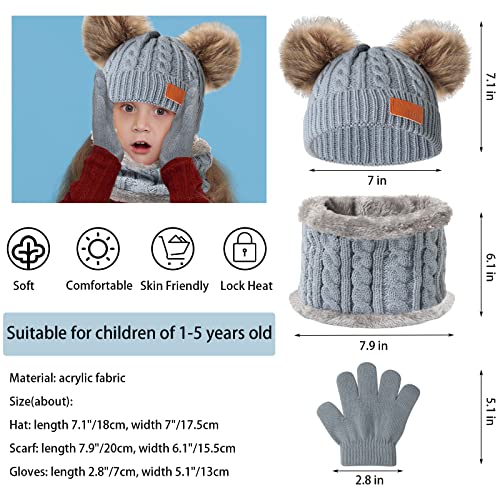 Kids Winter Beanie Hat Scarf Gloves Set,Toddlers Knit Winter Warm Double Pompom Cap Scarf Gloves for Girls Boys 1-5 Years Old - color: Grey