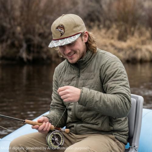 BASSDASH Embroidered Soft Top Flat Brim Duck Hat Snapback Cap for Hunting, Fishing, and Outdoor Activities - color: Color Block Camo/Trout