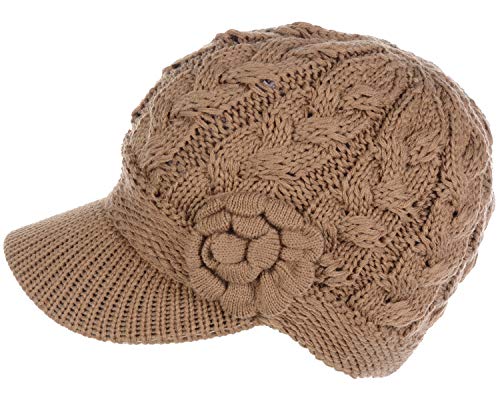 Womens Winter Elegant Cable Flower Knitted Newsboy Cabbie Cap Beret Beanie Hat with Visor, Warm Plush Fleece Lined - color: Camel Flower-2