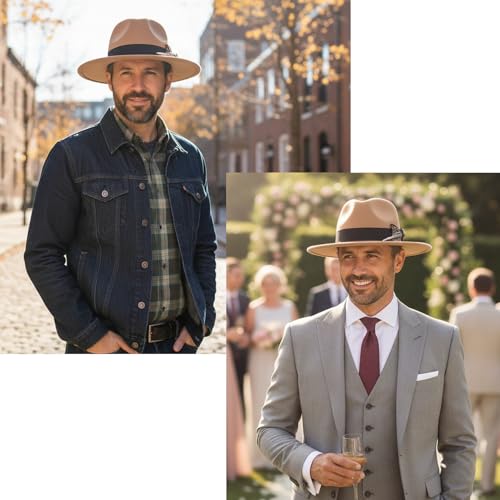Classic Wide Brim Fedora Hats Wide Brim Felt Dress Hat for Men - color: Classic Camel