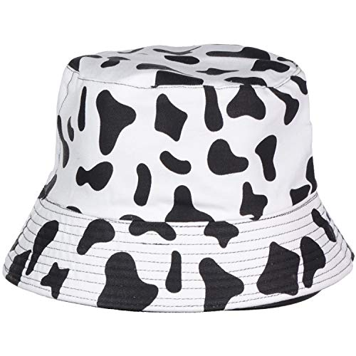 BYOS Summer Fashion Print Cotton Bucket Sun Hat for Men Women, Reversible Black - color: Cow Print Black White
